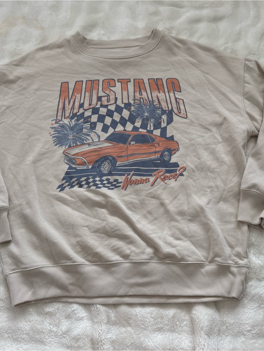 American Eagle Ford Mustang Graphic Crewneck Sweatshirt M Oatmeal Oversized